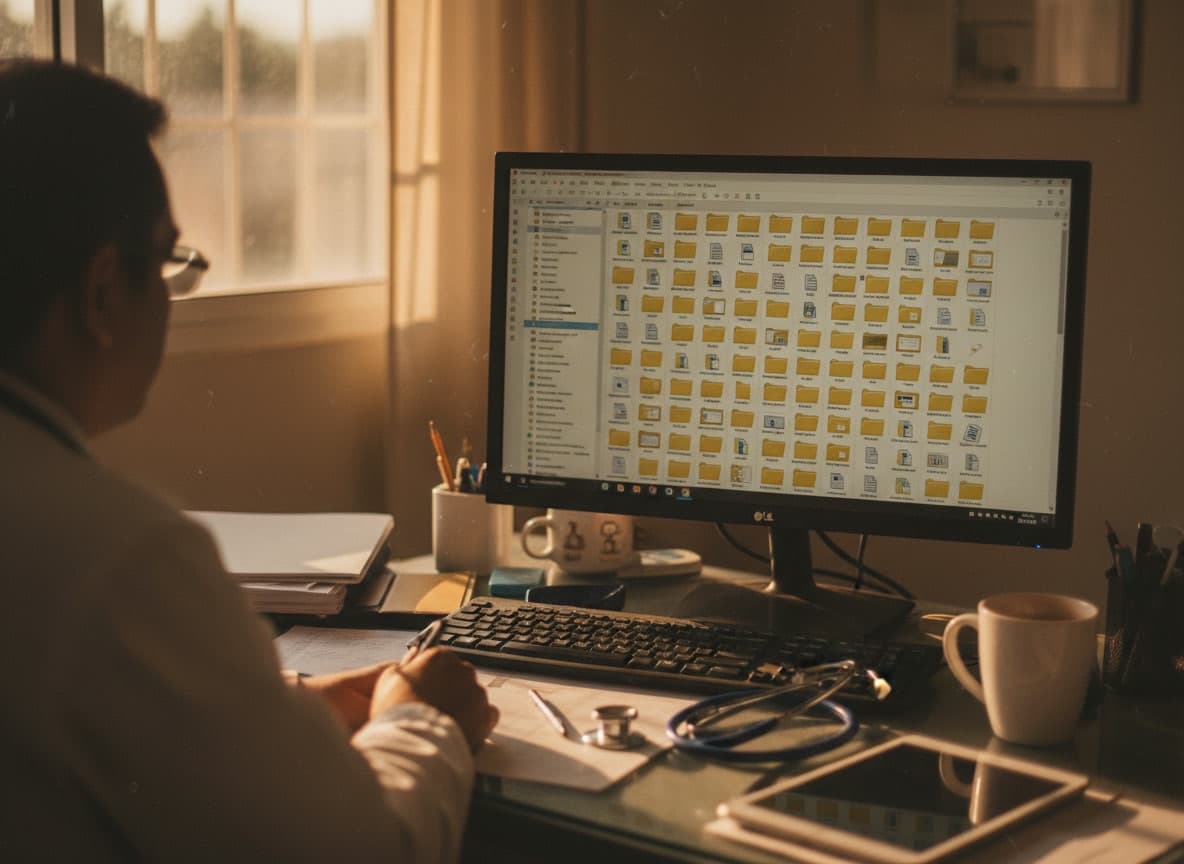 Médico frente a una computadora llena de carpetas y documentos de Word