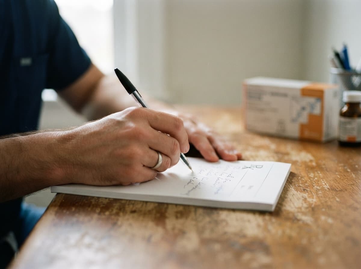 Mano de médico escribiendo una receta en papel